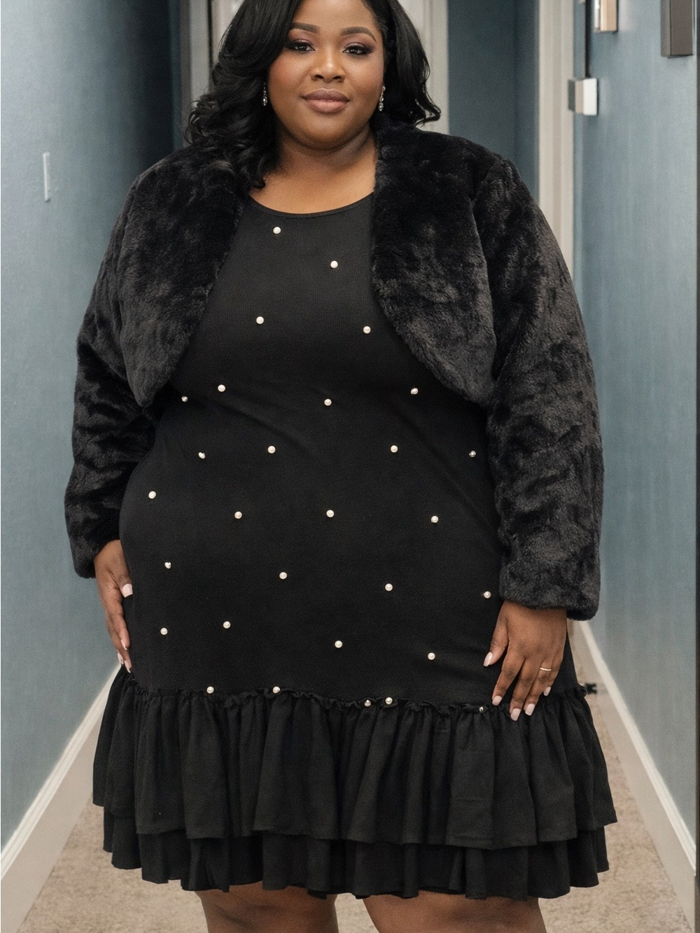 Eloquii Black Pearl-Embellished Ruffle Hem knit Dress 26/28